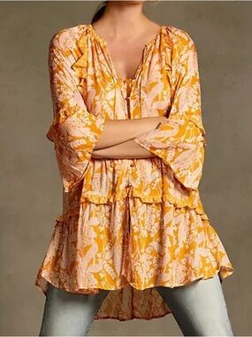 Anthropologie orange white flowy tunic top boho floral shirt size XS